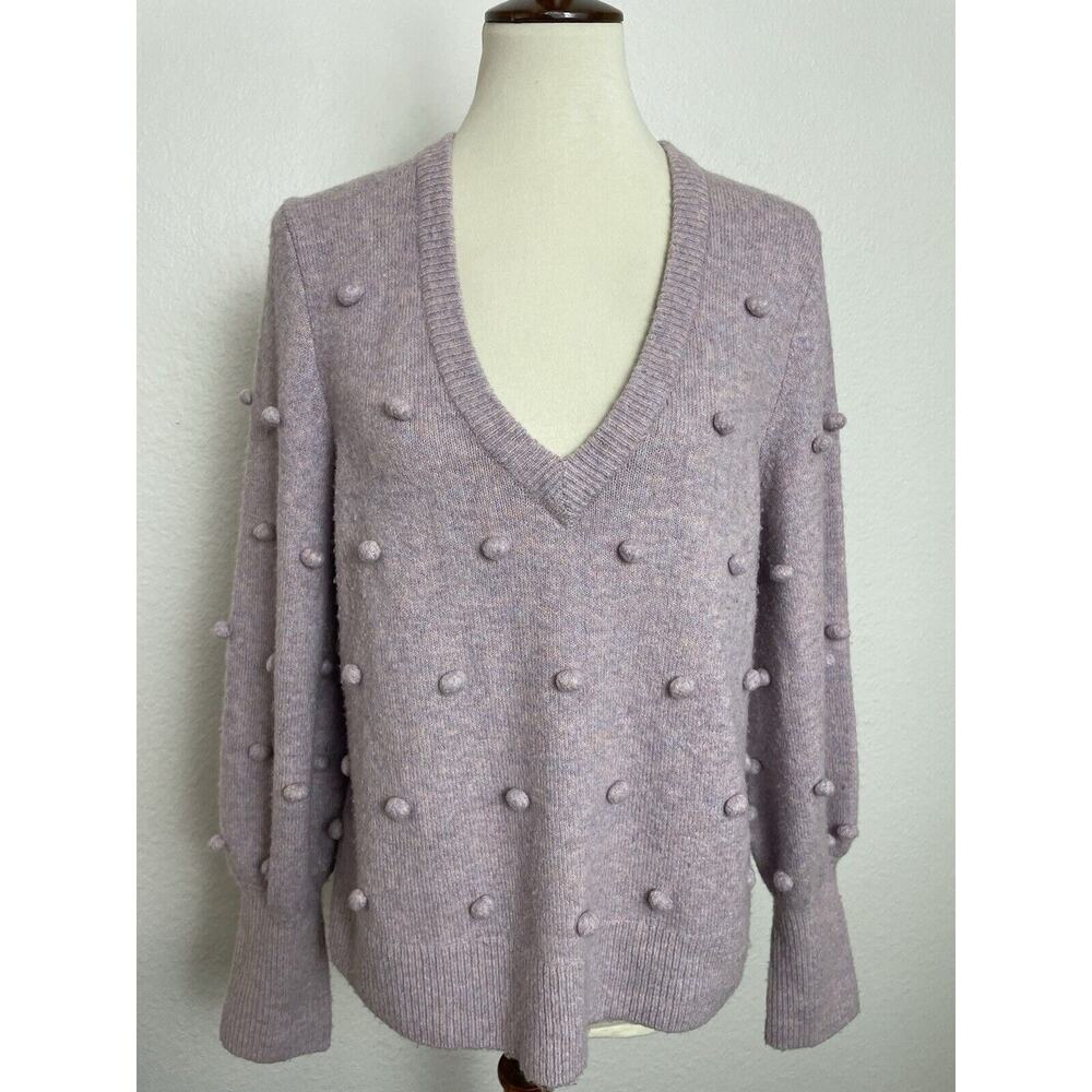 Madewell Sweater Women‎ M Pullover V Neck Pom Pom Stretch Knit Wool Blend Purple